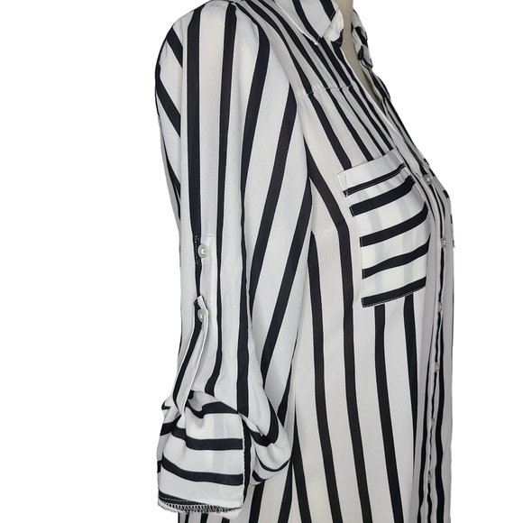 Express White and Black Striped Roll Tab Sleeve Button Front Blouse - Picture 4 of 7